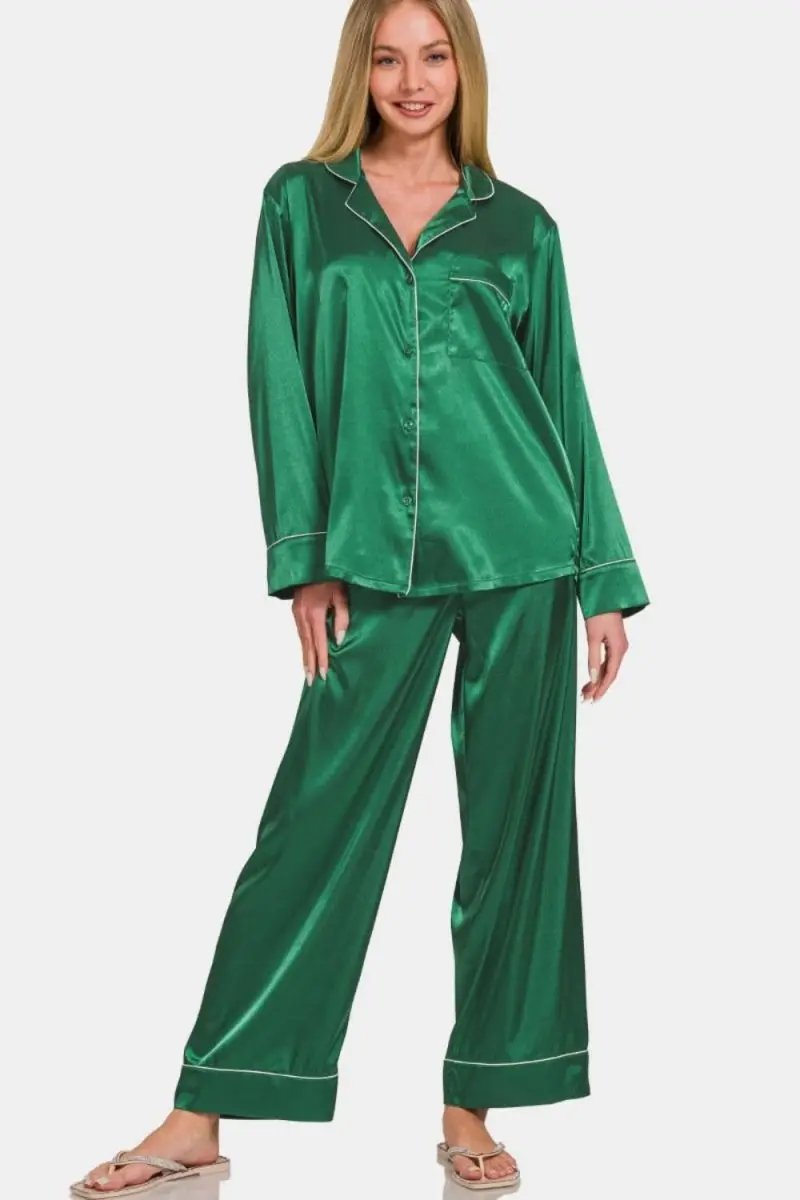 Satin Luxe Long Sleeve Pajama Set with Pants - Love Salve